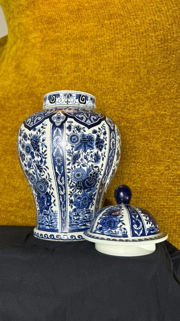 Vintage Delft blauw Royal Sphinx vaas met deksel Boch, Ophalen of Verzenden