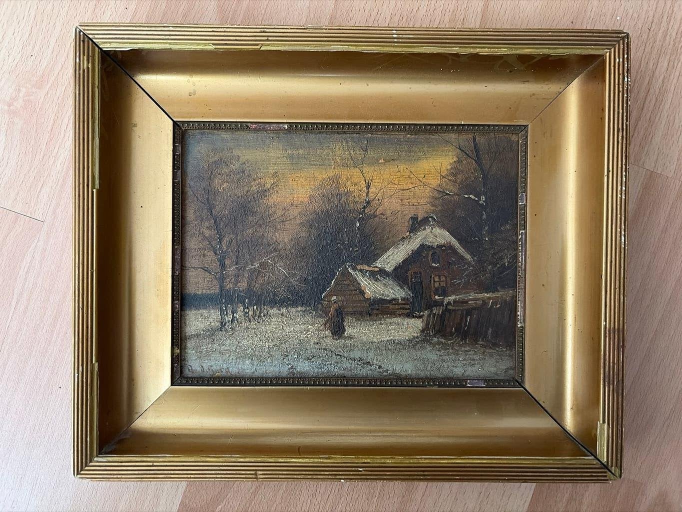 Antiek Olieverf Schilderij Winterlandschap Gesigneerd, Paneel, Ophalen of Verzenden, Gesigneerd, Landschap