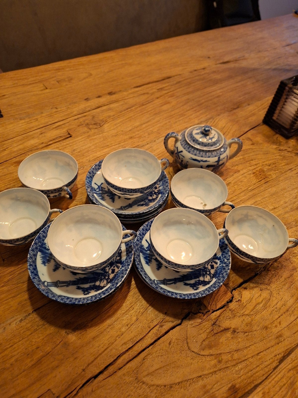 Antiek Delfts Blauw theeservies met molenlandschap, Antiek en Kunst, Ophalen of Verzenden