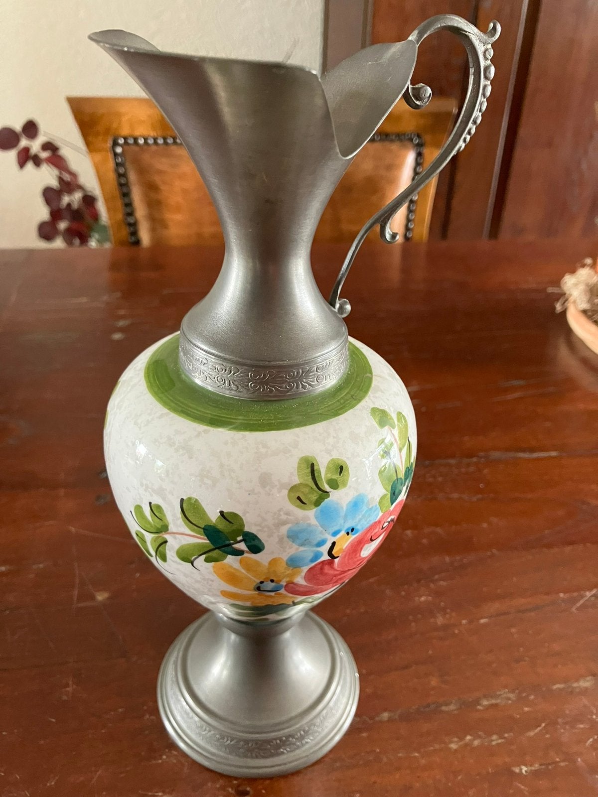 Vaas Zinn Peltro met porseleinen decoratie, Antiek en Kunst, Ophalen of Verzenden