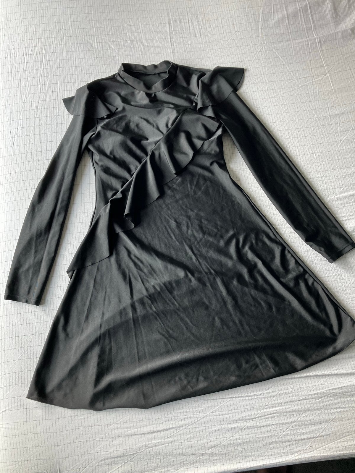 Zwart Lycra Jurkje met Ruches - Maat M, Maat 38/40 (M), Zwart, Ophalen of Verzenden, Zo goed als nieuw