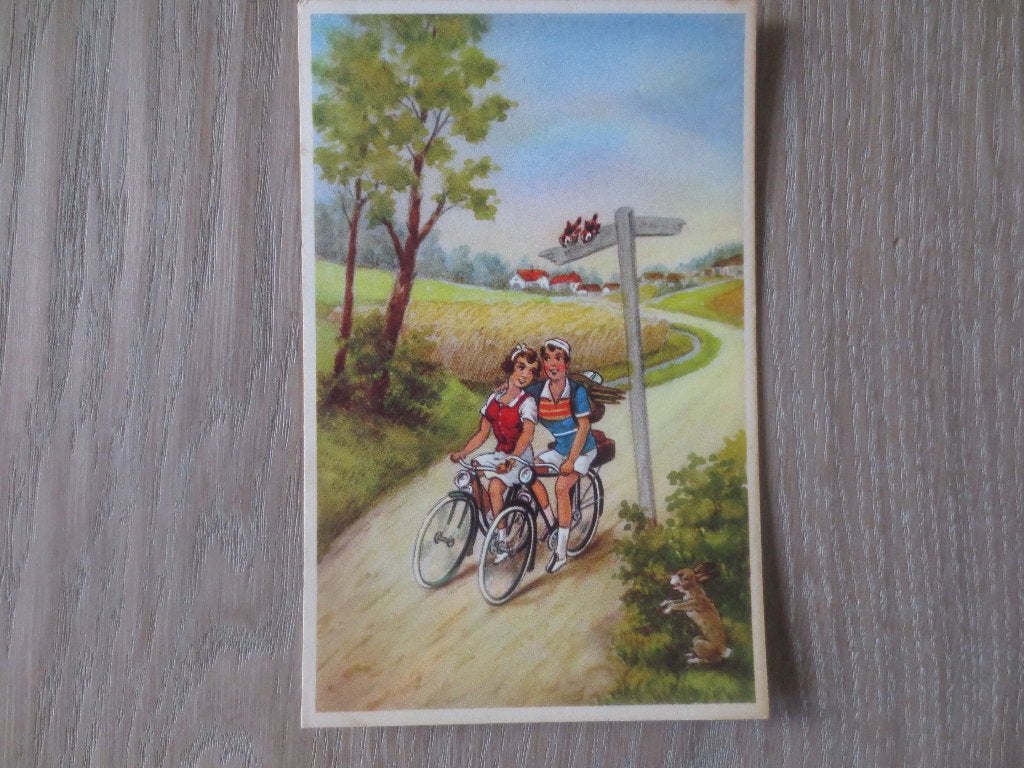 Fantasiekaart; Themakaart Fietsers bij wegwijzer. Ongelopen., Ophalen of Verzenden, 1940 tot 1960, Ongelopen, Natuur