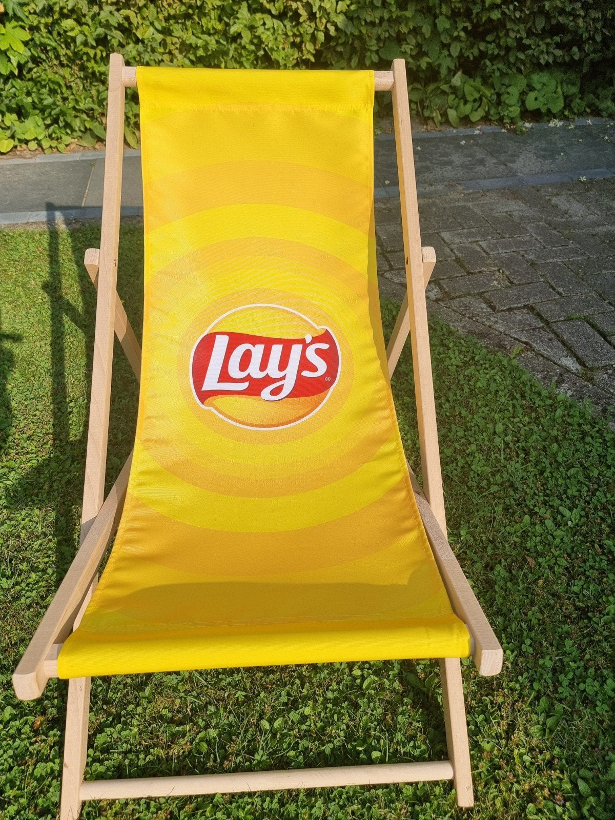 Lay's strandstoel - Geel, inklapbaar, Ophalen, Gebruikt, Hout, Inklapbaar