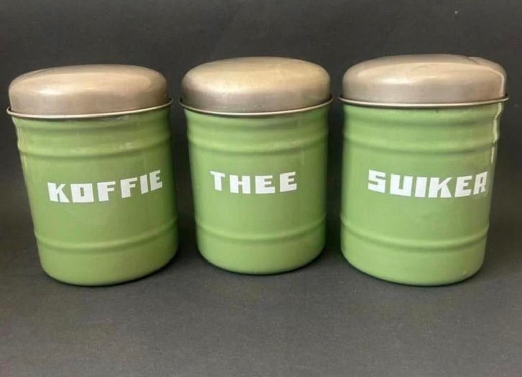 Reseda Groen Koffie, Thee & Suiker Voorraadbussen, Antiek en Kunst, Antiek | Emaille, Ophalen of Verzenden