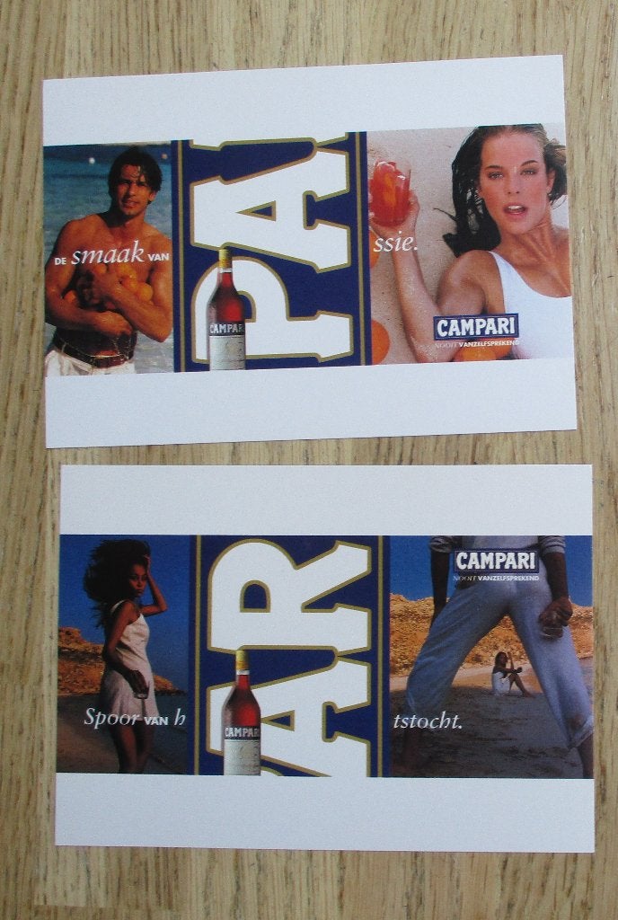 2 reclamekaarten campari smaak van passie spoor v hartstocht, Verzamelen, Ophalen of Verzenden, Overige typen