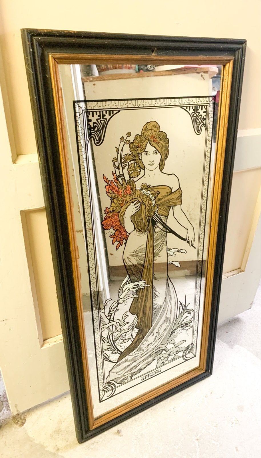 Mucha 'De Vier Jaargetijden' spiegel - Art Nouveau, Ophalen, Rechthoekig, Minder dan 50 cm, 100 tot 150 cm