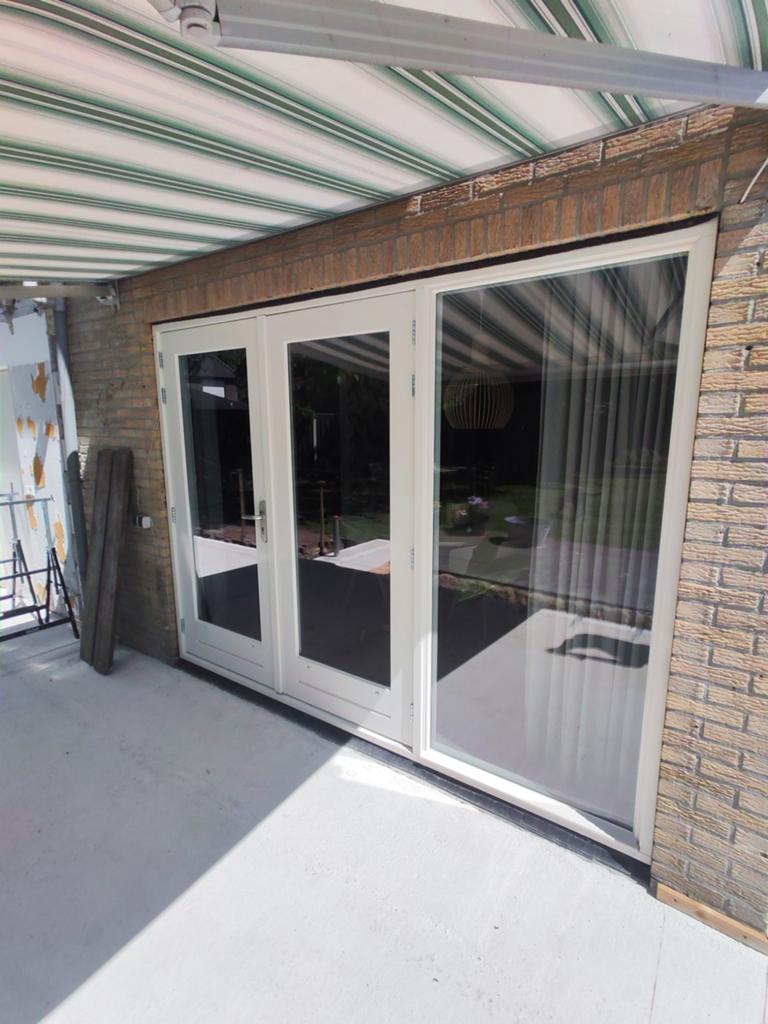 Kozijn met dubbele tuindeuren en zijlicht., Ophalen, Glas, 120 cm of meer, 215 cm of meer