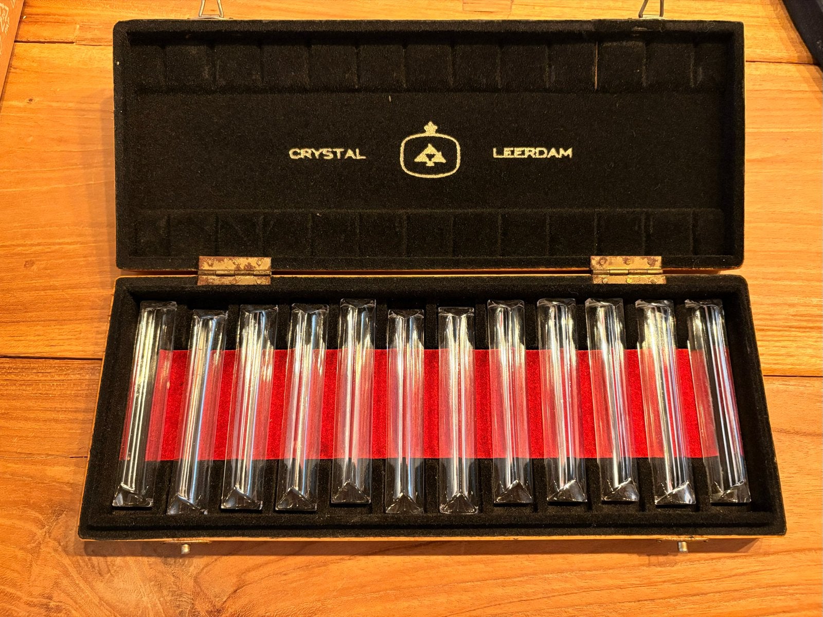 Vintage Kristal Leerdam messenleggers in houten kistje, Ophalen of Verzenden