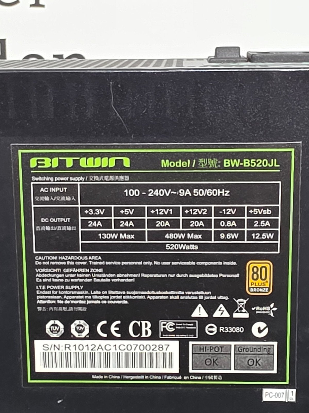bitwin 520w max voeding psu power supply bw-b520jl, Gebruikt, ., Ophalen of Verzenden, .