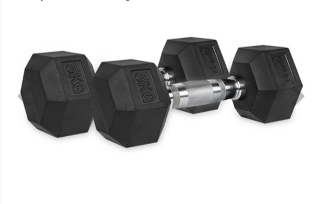 2x Hexagon Dummbles à 5 kg per stuk., Ophalen of Verzenden