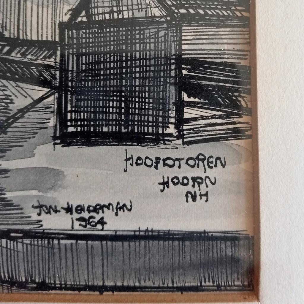 Originele pentekening aquarel Hoofdtoren in Hoorn 1964, Ophalen of Verzenden