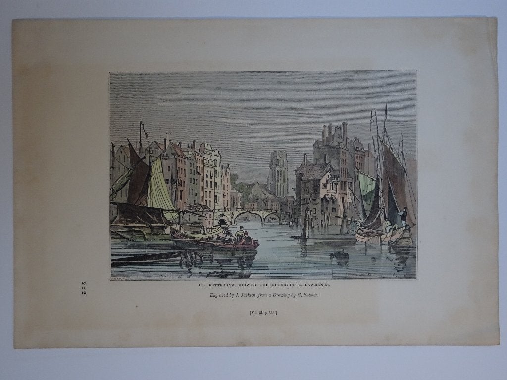 staalgravure Rotterdam haven Laurenskerk J.Jackson 19e eeuw, Antiek en Kunst, 1800 - 1899, Stadsgezicht, Ophalen of Verzenden