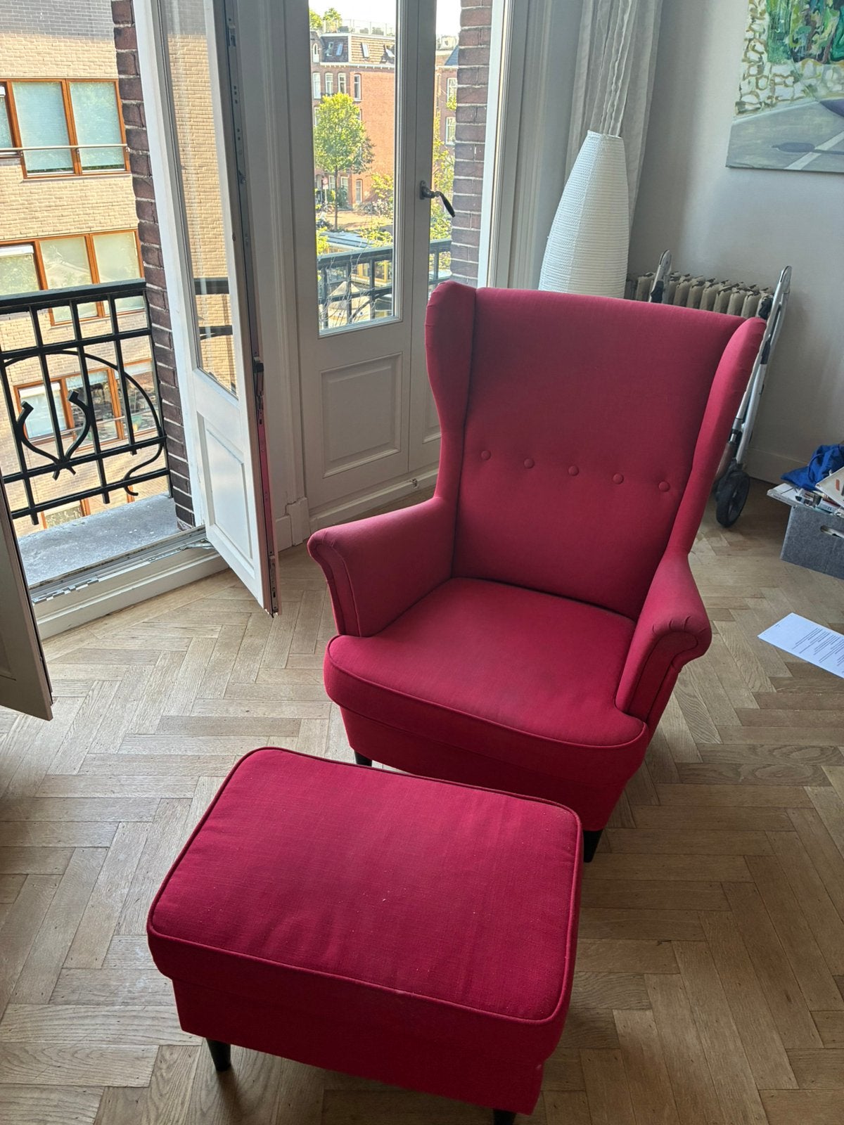 IKEA STRANDMON fauteuil + voetenbank / armchair + footstool, Huis en Inrichting, Fauteuils, Ophalen, Gebruikt, 75 tot 100 cm