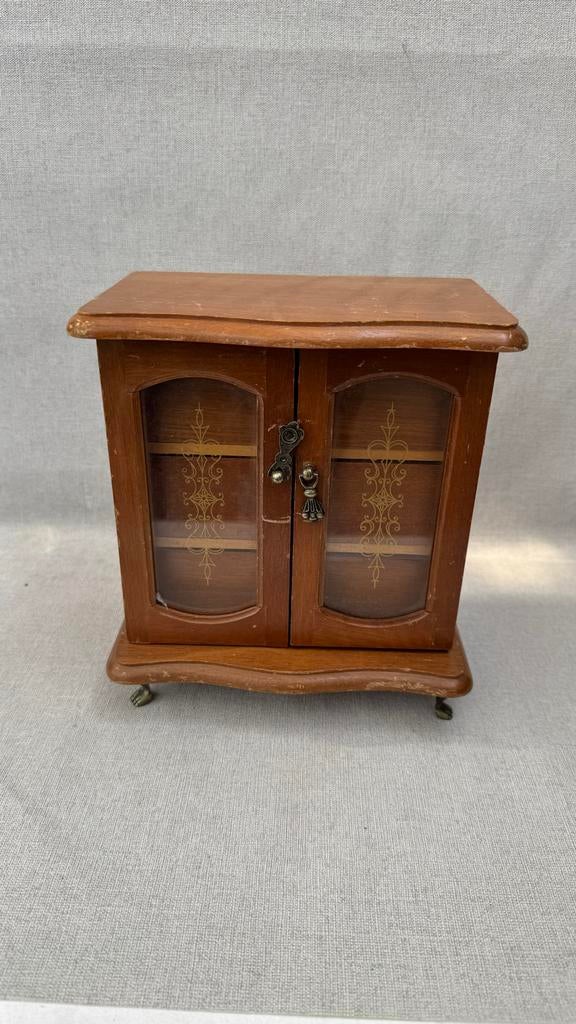 Vintage Houten Juwelenkistje met Lades en Glazen Deurtjes, Ophalen of Verzenden