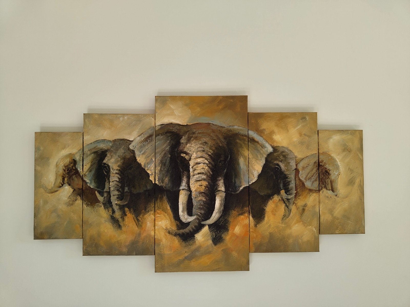 schilderij olifanten 142x76 cm, Ophalen, 125 cm of meer, Schilderij, 75 – 100