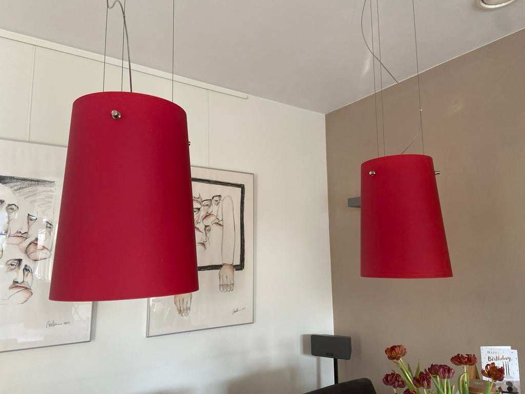 Prandina Italiaanse Design Hanglampen Rood (Set van 2), Huis en Inrichting, Lampen | Hanglampen, Ophalen, Gebruikt, Metaal, 50 tot 75 cm