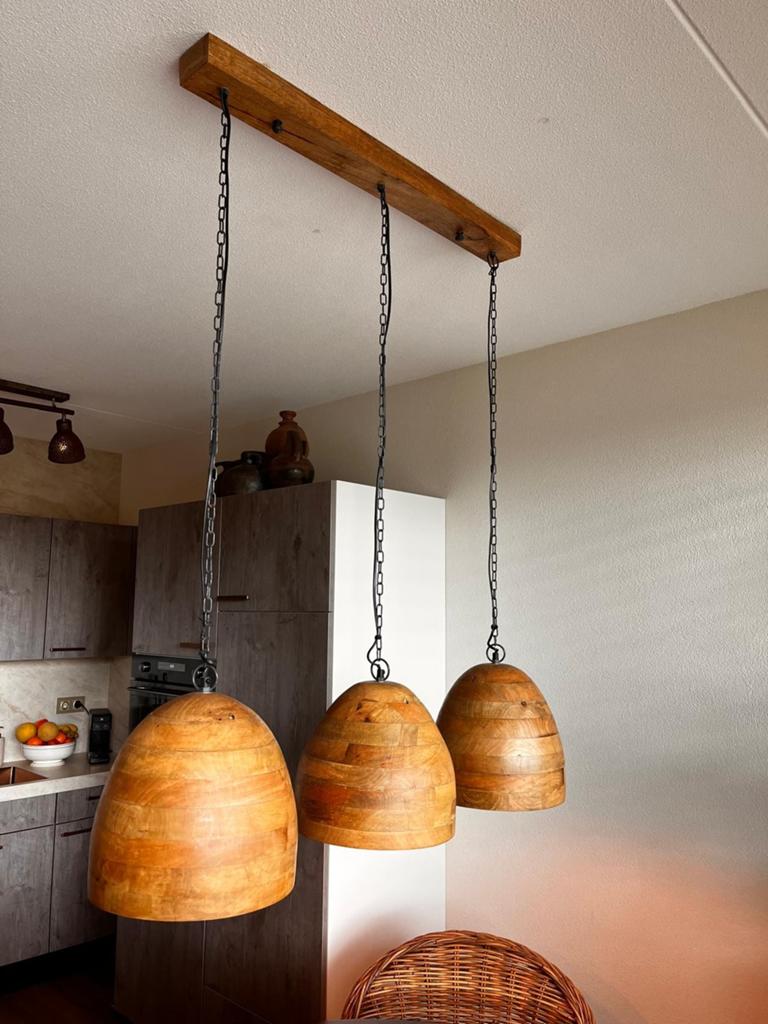 Teak houten hanglampen., Ophalen, 75 cm of meer