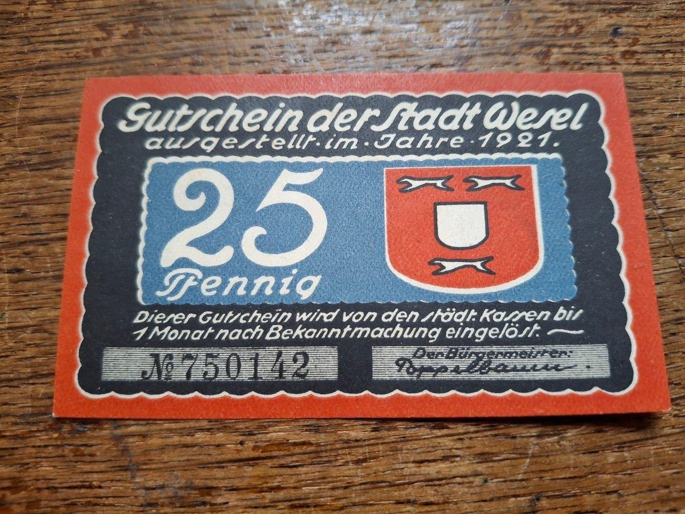 Historische Noodmunt 25 Pfennig Stadt Wesel 1921, Verzenden, Overige materialen, Buitenland