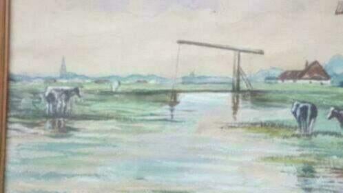 Aquarel polderlandschap molen koeien Jan Tolk omg. Katwijk?, Antiek en Kunst, Ophalen