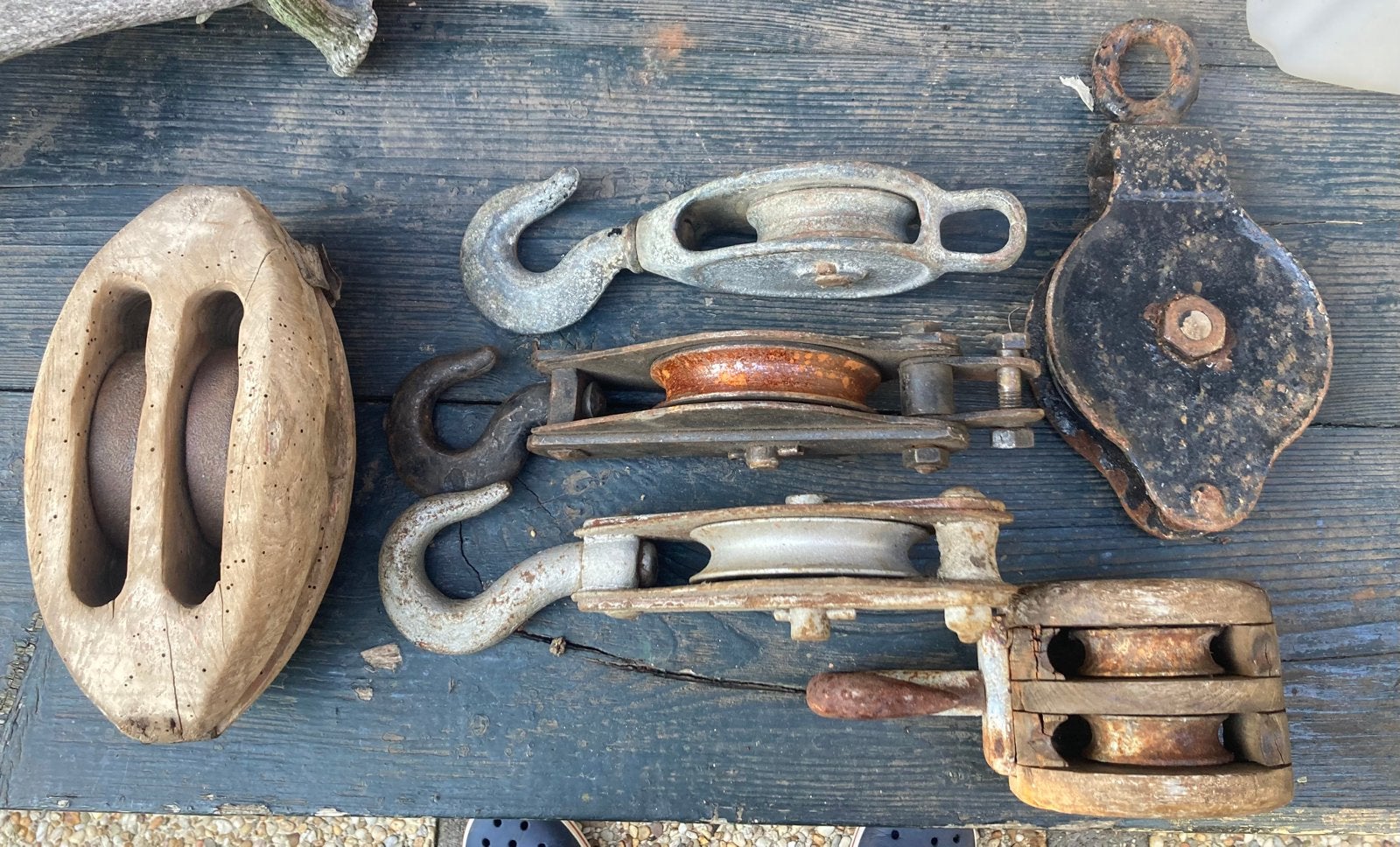 6 oude scheepswerf en industriële katrollen - Schuurvondst, Ophalen of Verzenden