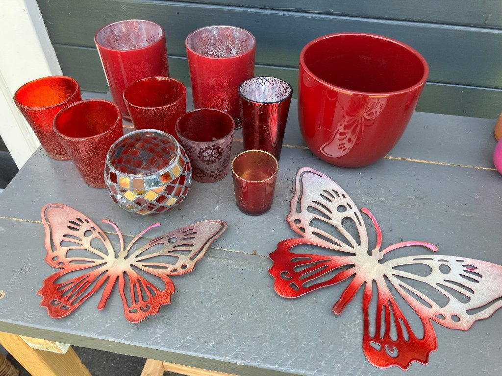 rode bloempotten rood vlinders kaarsenhouders alles tuindeco, Rond, Nieuw, Ophalen of Verzenden, Balkon