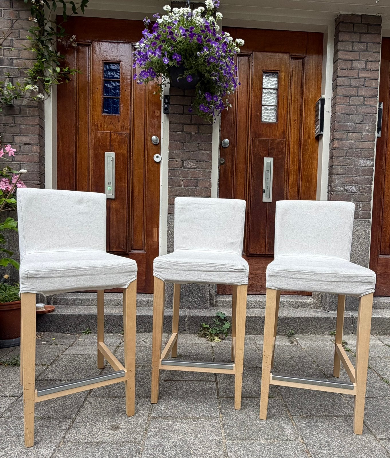 3x Ikea Hendriksdal barkrukken met rugleuning, Tuin en Terras, Tuinsets en Loungesets, Gebruikt, Hout, 3 zitplaatsen, Stoel, Ophalen