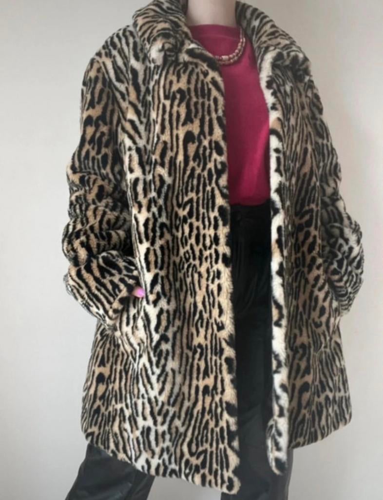 Vintage panterprint jas, XL. Leopard boho bohemian fake fur, Kleding | Dames, Jassen | Winter, Overige kleuren, Verzenden, Maat 46/48 (XL) of groter