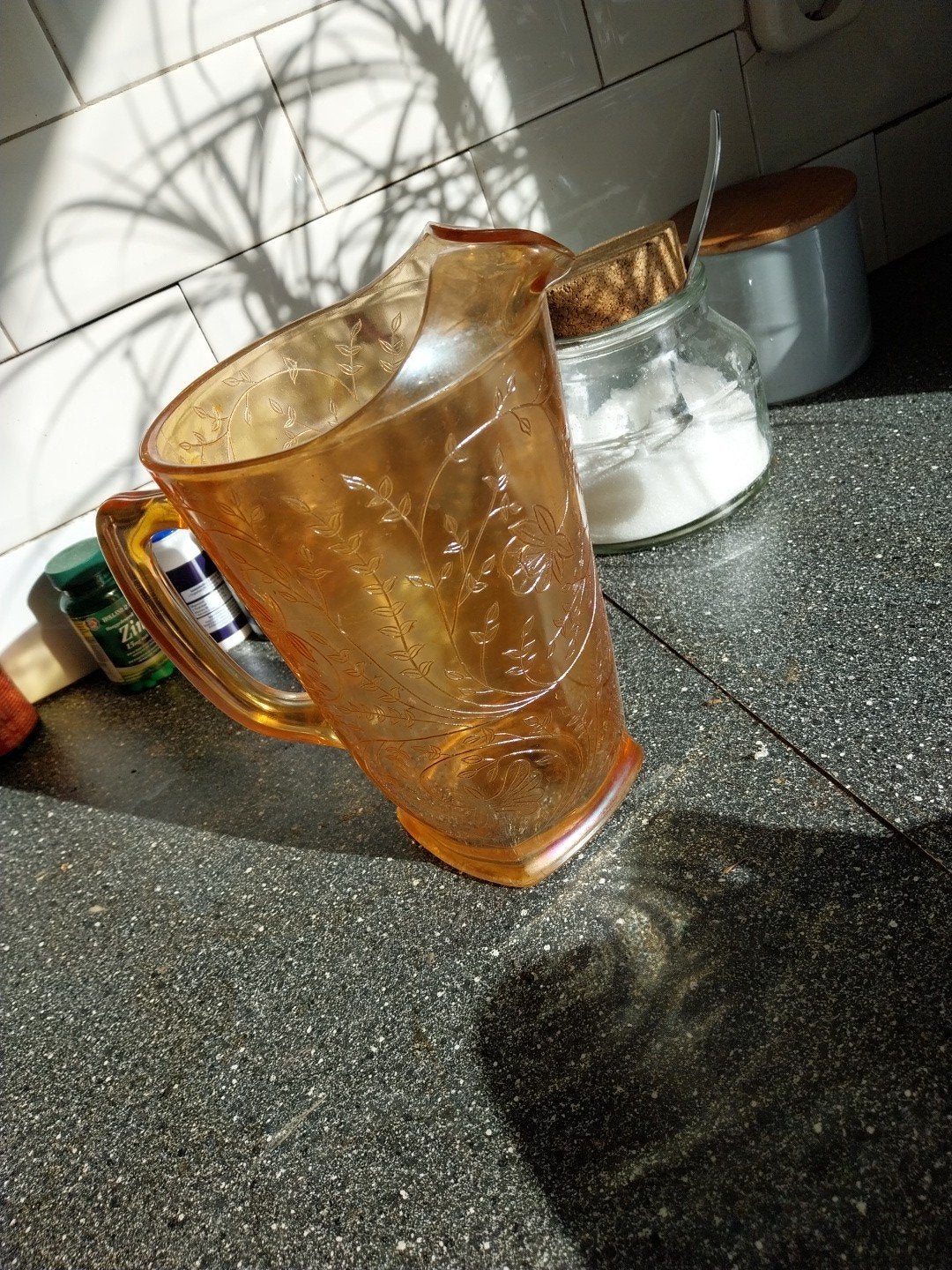 fVintage glazen karaf / pitcher Jeannette Glass "Floragold", Ophalen of Verzenden