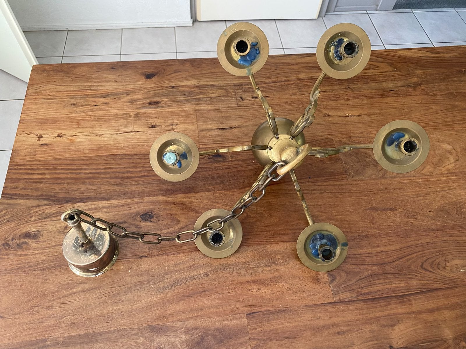 Kroonluchter Antiek koperen hanglamp 6 kaarsen, Huis en Inrichting, Ophalen, Zo goed als nieuw, Overige materialen, Antiek retro