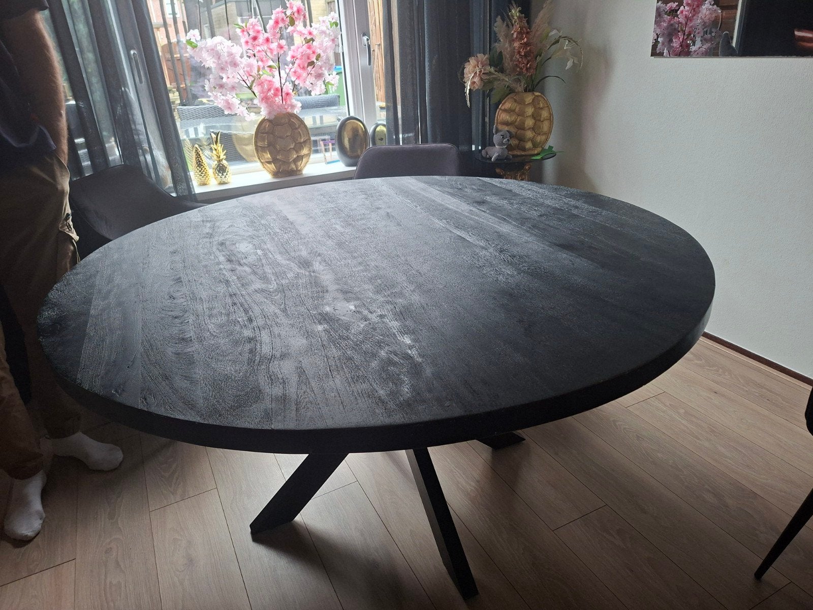 mango houten eettafel + glasplaat, Ophalen, Gebruikt, 150 tot 200 cm, Rond