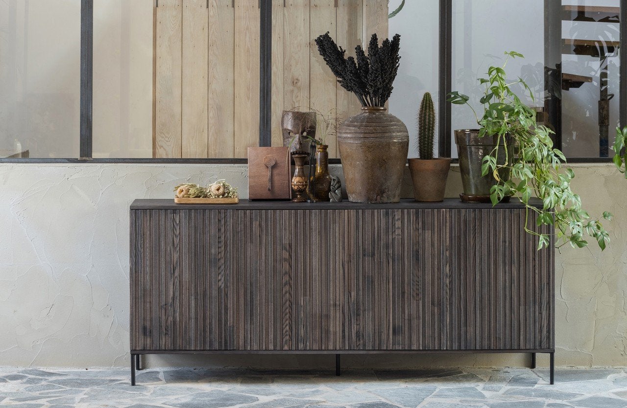 Woood Gravure Espresso Dressoir 200cm, Met deur(en), Modern, Industrieel, Zo goed als nieuw, 200 cm of meer