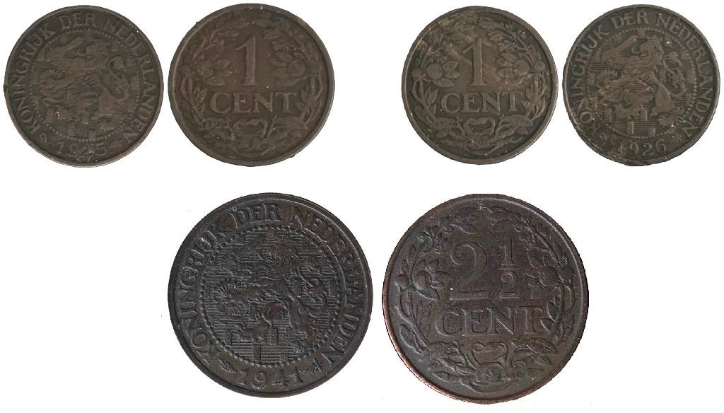 kaveltje: cent 1925 en 1926 en 2,5 cent 1941 - gem. F tot ZF, Verzenden, Koningin Wilhelmina, 1 cent, Setje