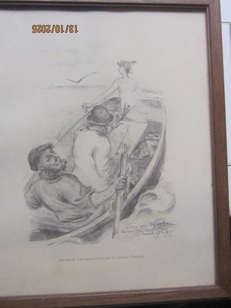Leuke Franse Tekening Vrouw wordt Naakt op roeiboot getekend, Antiek en Kunst, Kunst | Tekeningen en Foto's, Ophalen of Verzenden