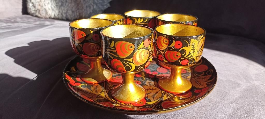 Khokhloma set  blad met 5 glaasjes, Antiek en Kunst, Ophalen of Verzenden