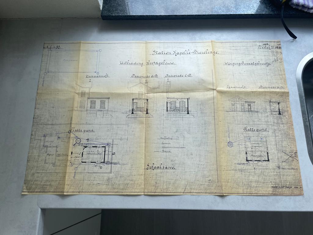 Tekening NS Station Kapelle Biezelinge uitbreiding gebouw, Verzamelen, Ophalen of Verzenden, Gebruikt, Trein, Overige typen