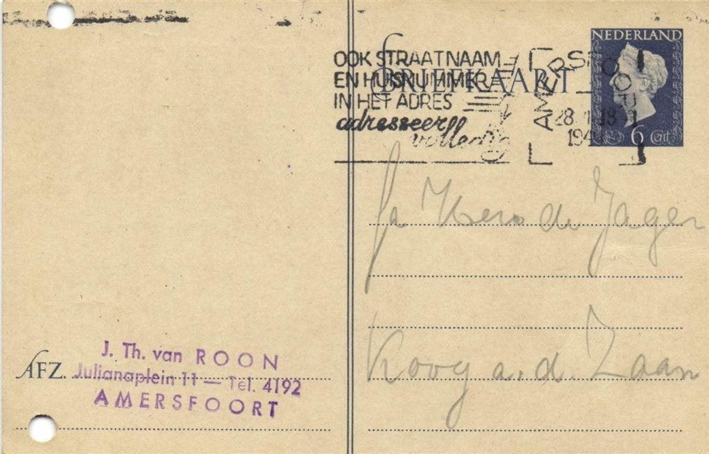 J.Th. van Roon, Amersfoort - 07.1949 - briefkaart, Ophalen of Verzenden, Briefkaart