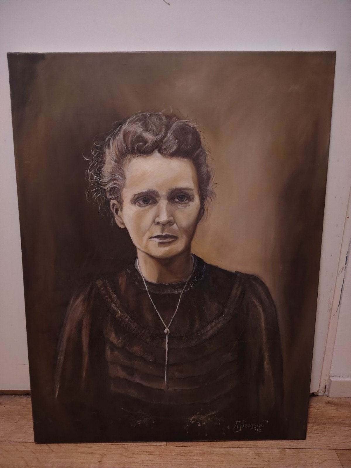 Marie Curie schilderij gesigneerd A Johansen '12, Ophalen of Verzenden