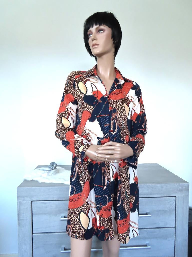 GUTS & GUSTO Blauw/Rood/Bruine Panterprint Jurk S-M, Maat 38/40 (M), Guts & Gusto, Blauw, Ophalen of Verzenden