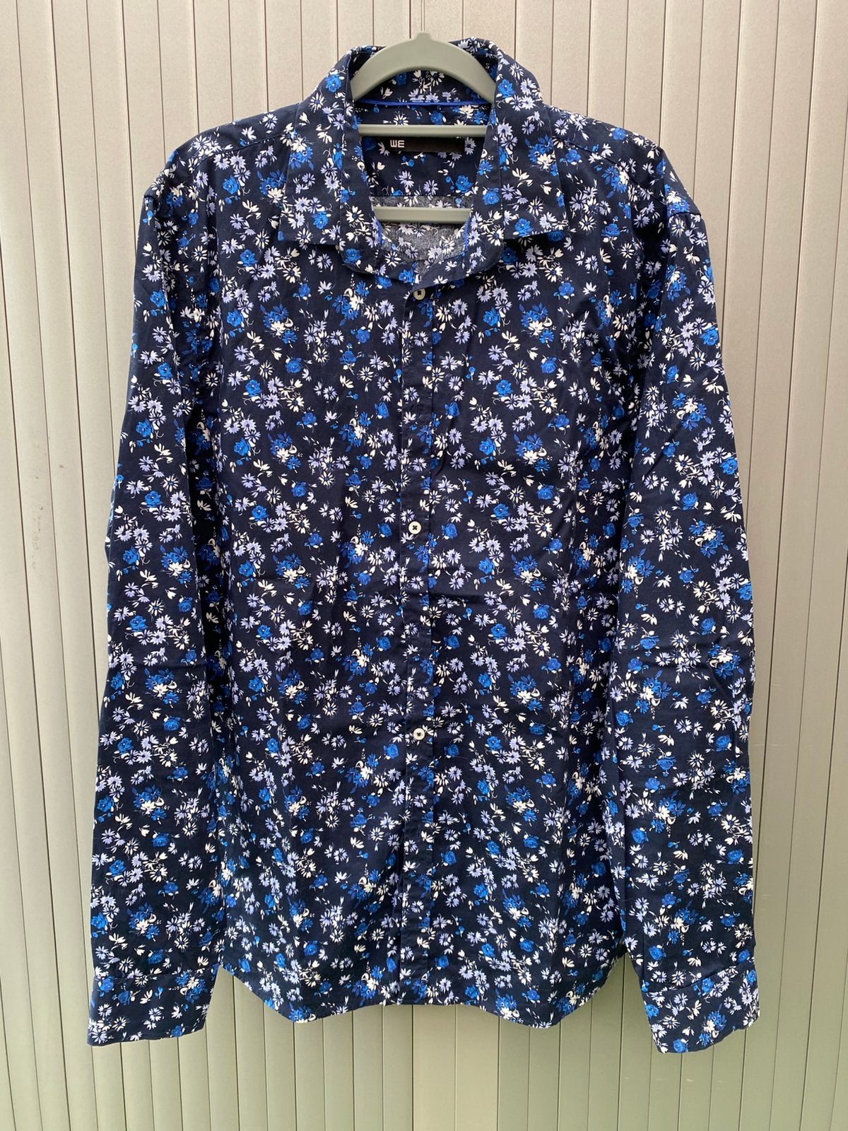 WE blouse XL bauw gebloemd, Ophalen of Verzenden, Gedragen, Blauw, Halswijdte 43/44 (XL)