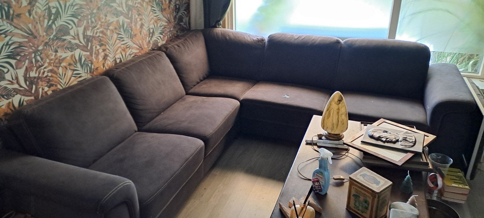 Ruime blauwe hoekbank - comfortabel en stijlvol, Ophalen, Gebruikt, 100 tot 125 cm, Hoekbank