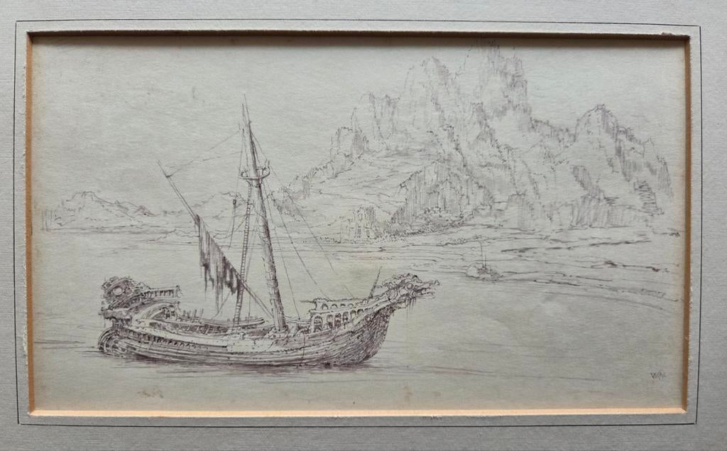 Schip met drakenkop. Gesigneerd WN. Litho of prent., Antiek en Kunst, Kunst | Etsen en Gravures, Ophalen of Verzenden