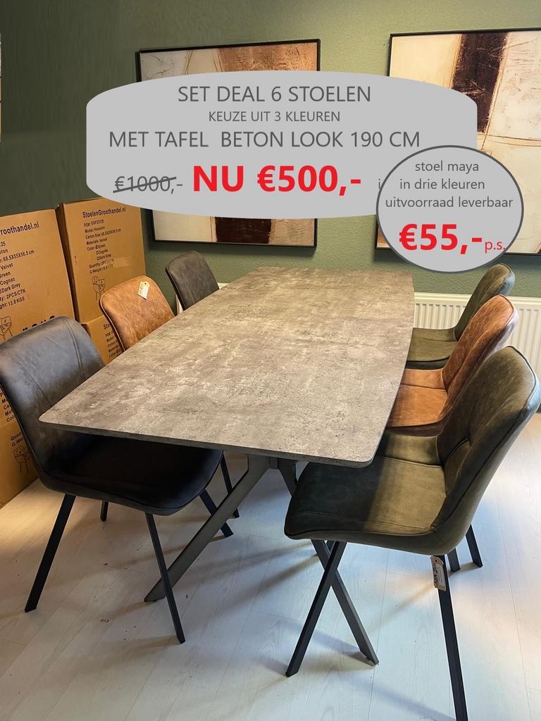 Eetkamertafel betonlook 190cm met 6 Maya stoelen, Overige materialen, Nieuw, Vijf personen of meer, 150 tot 200 cm