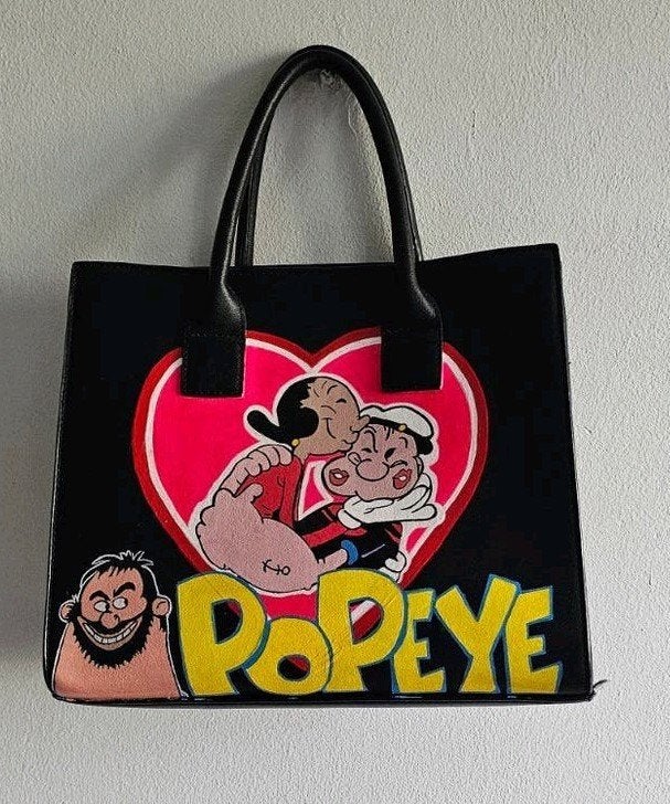 Unieke Handbeschilderde Popeye Tas - 25x30 cm, Ophalen of Verzenden, Nieuw, Zwart, Handtas