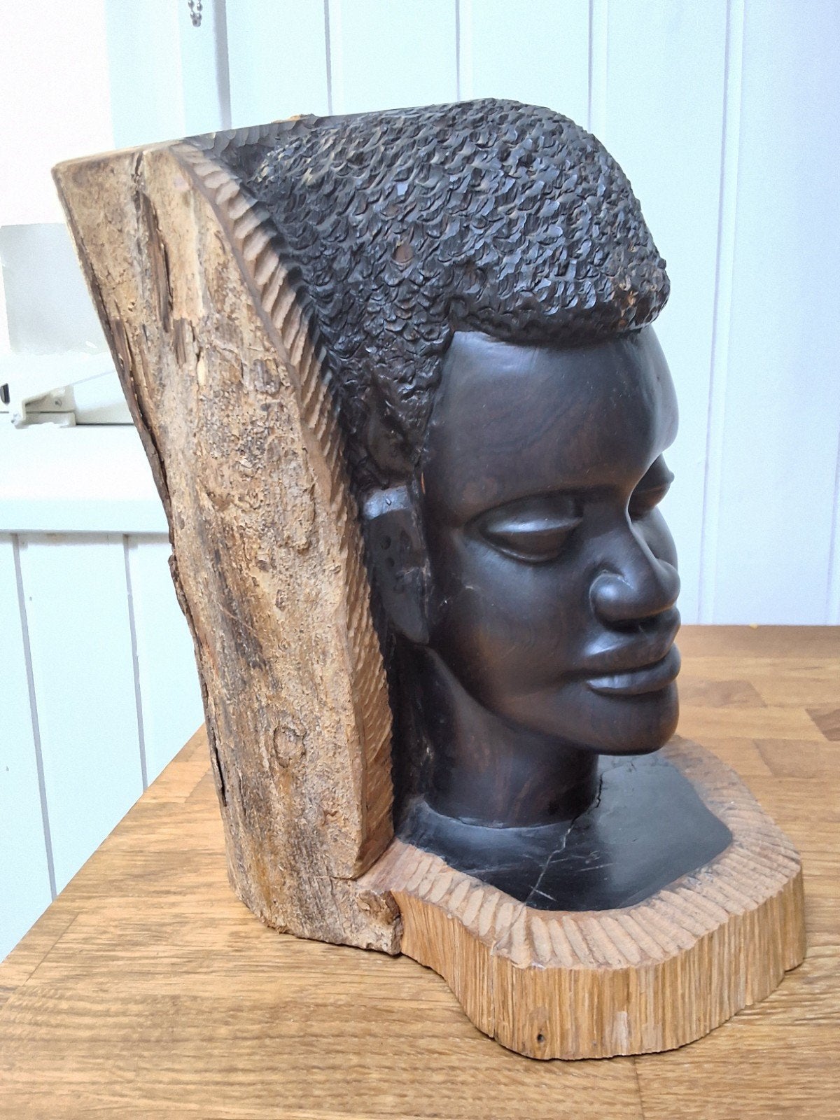Ebbenhouten Mannenhoofd, houtsnijwerk Afrika, Antiek en Kunst, Kunst | Niet-Westerse kunst, Hout, Afrika, 26 cm, Houtsnijwerk