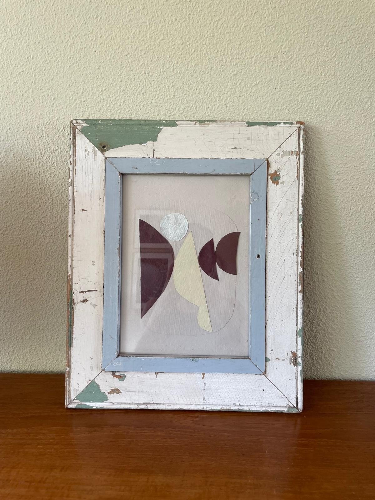 Abstracte kunst in verweerde lijst - 42x35cm, Ophalen, Minder dan 50 cm, Gebruikt, Overige typen
