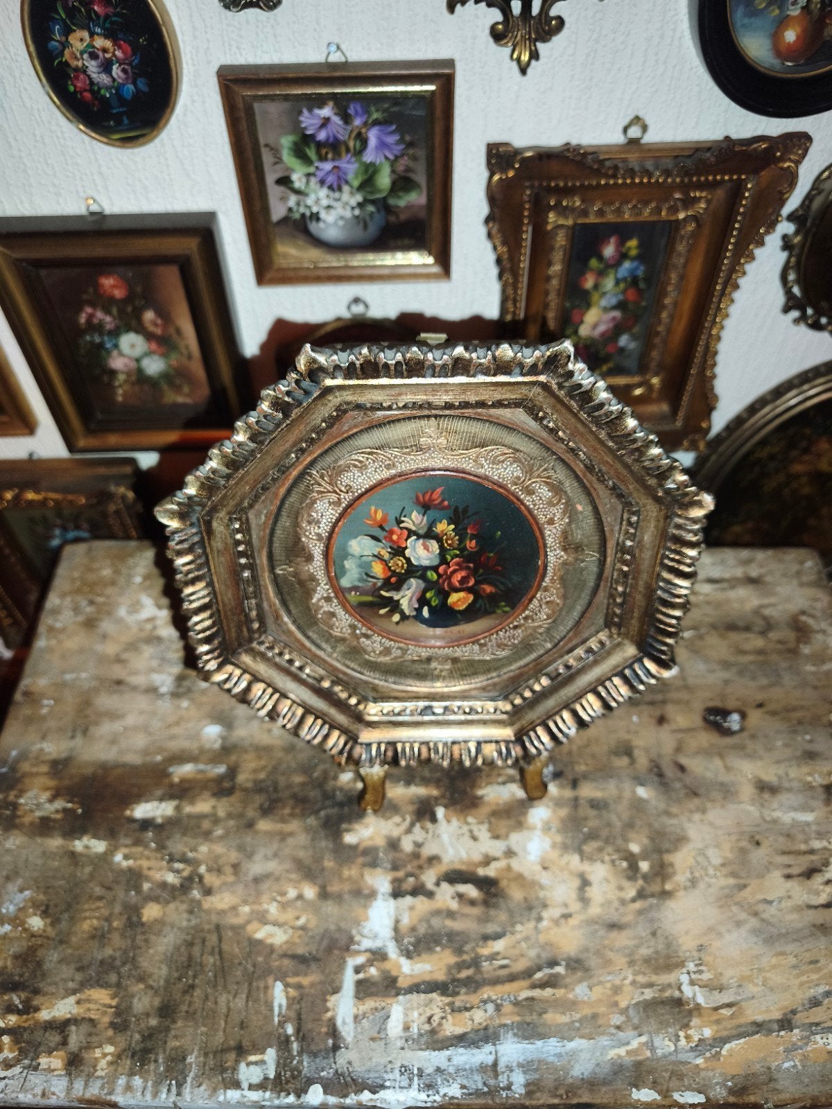 oud schilderijtje schilderij lijst stilleven bloemen O96, Antiek en Kunst, Ophalen of Verzenden