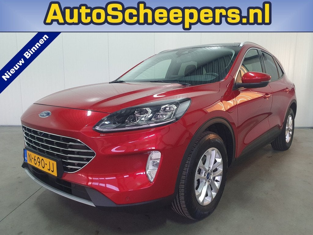 Ford Kuga 2.5 PHEV Titanium X PANO/NAVI/LED/H.LEDER/TRHAAK, Gebruikt, 4 cilinders, Leder en Stof, Grijs