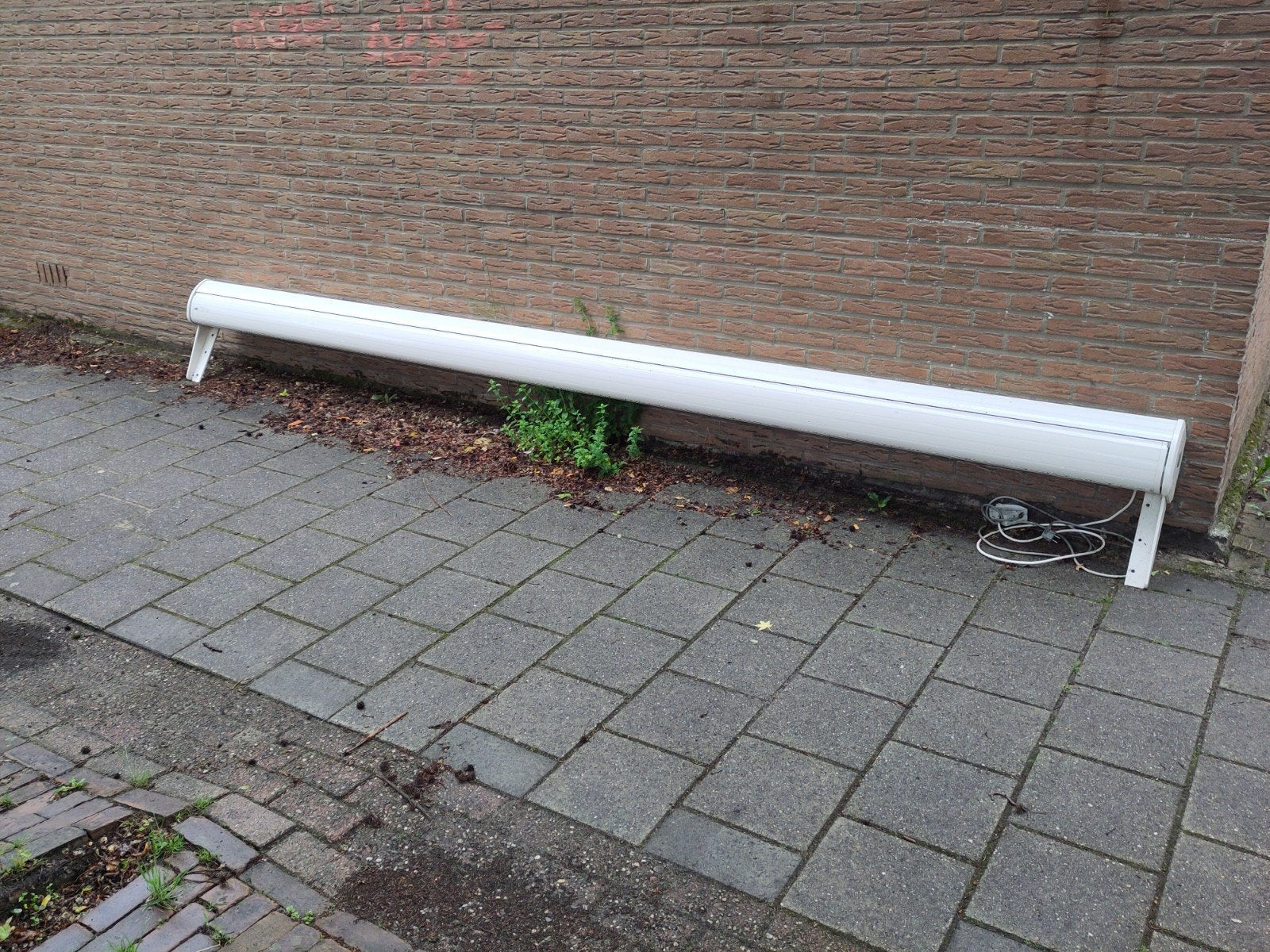 Zonnescherm 4,20m breed uitval 2,5m met Somfy en oranje doek, Tuin en Terras, Zonneschermen, Verzenden, Gebruikt, Knikarmscherm