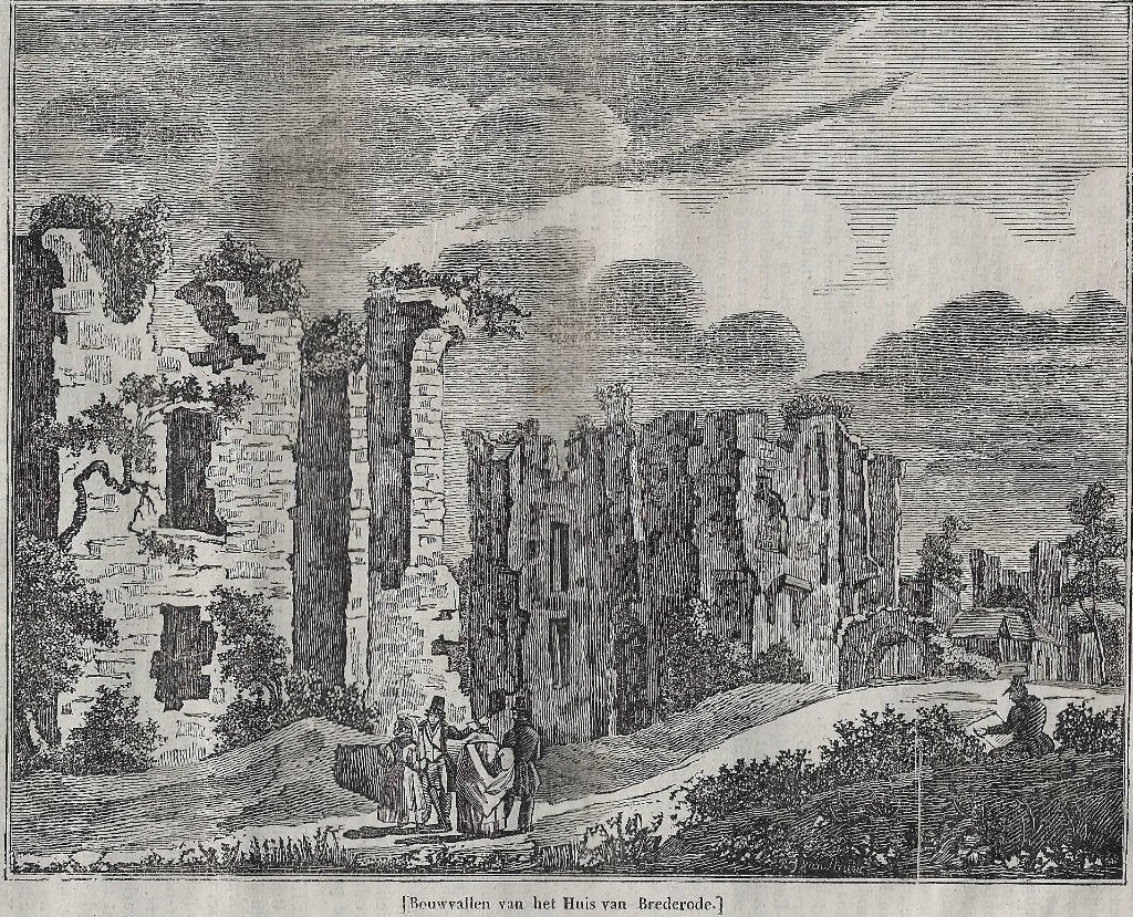 Bouwvallen van het Huis van Brederode Houtgravure 1835, Antiek en Kunst, 1800 - 1899, Architectuur, Ophalen of Verzenden, Gravure