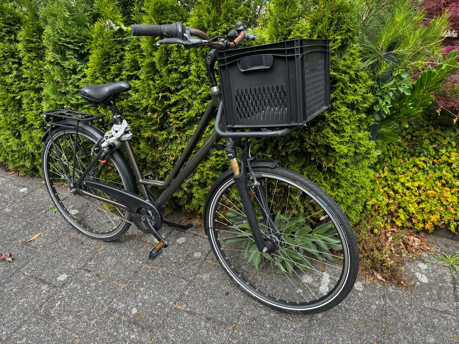 Stevige stadsfiets met voordrager en krat, Velgrem, Versnellingen, Ophalen, Overige merken